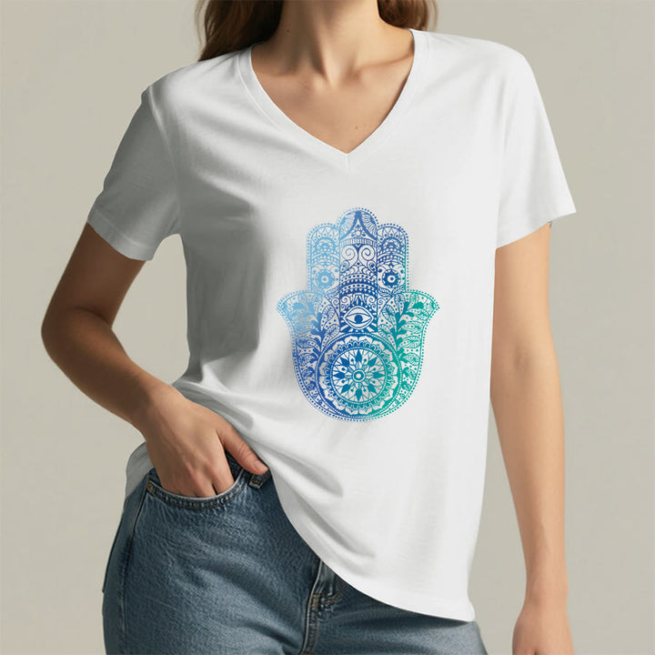 Olivenorma Gradient Hamsa Hand Mandala Print Yoga V-Neck T-Shirt - image 2
