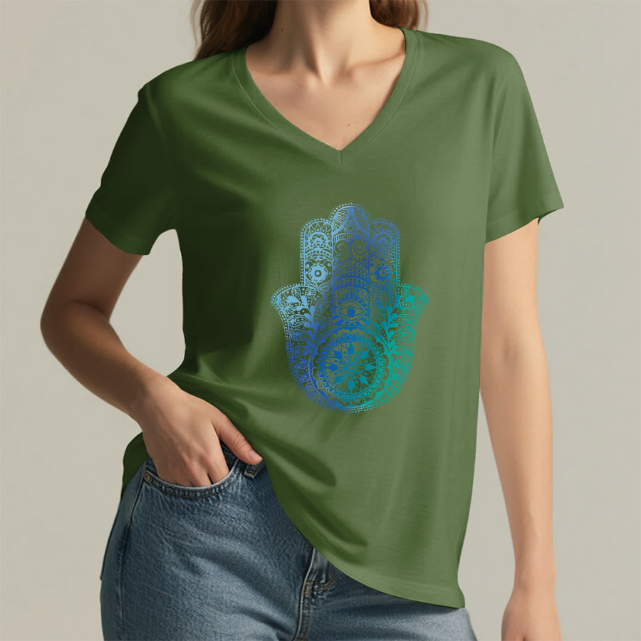 Olivenorma Gradient Hamsa Hand Mandala Print Yoga V-Neck T-Shirt - image 26