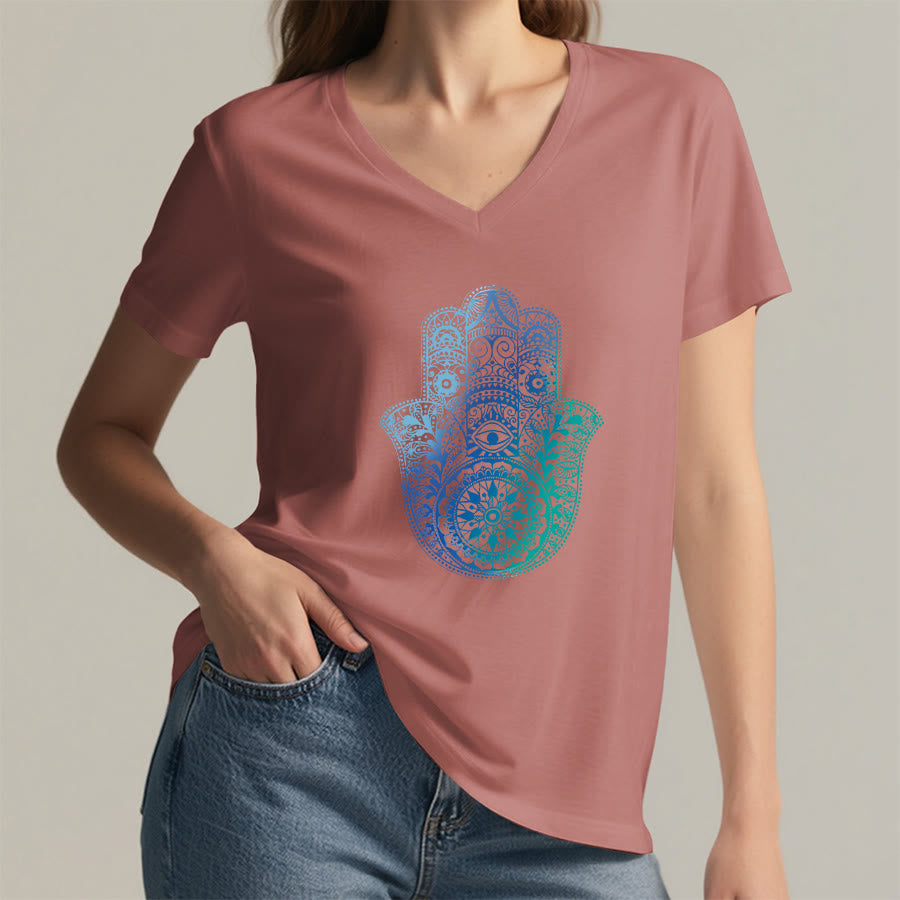 Olivenorma Gradient Hamsa Hand Mandala Print Yoga V-Neck T-Shirt - image 8