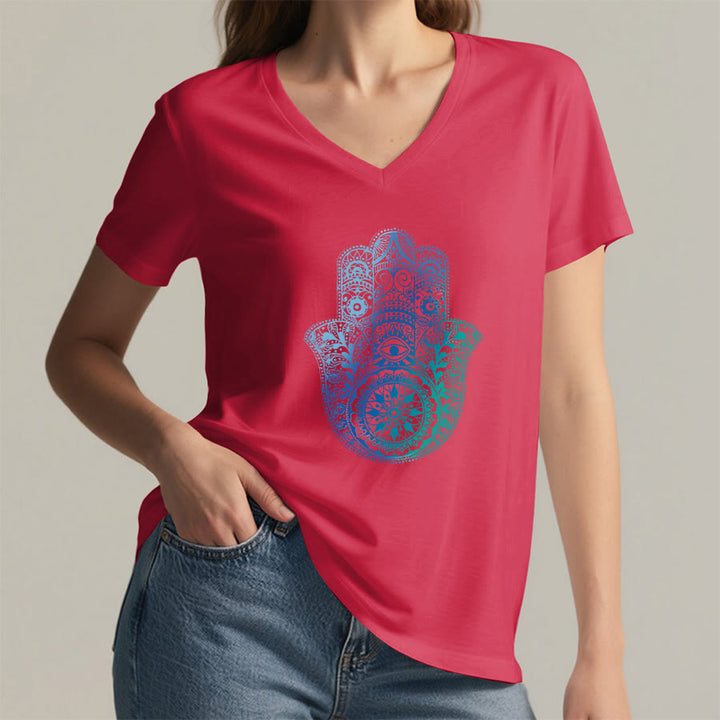 Olivenorma Gradient Hamsa Hand Mandala Print Yoga V-Neck T-Shirt - image 29