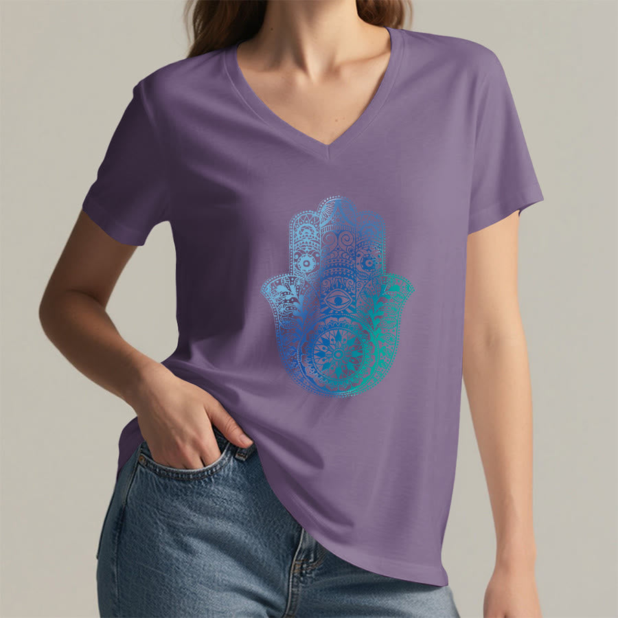 Olivenorma Gradient Hamsa Hand Mandala Print Yoga V-Neck T-Shirt - image 38