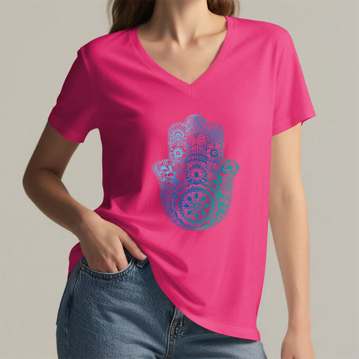 Olivenorma Gradient Hamsa Hand Mandala Print Yoga V-Neck T-Shirt - image 35