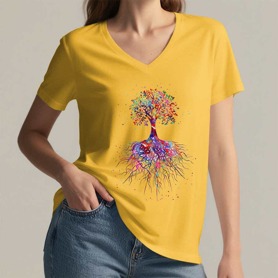 Olivenorma Watercolor Tree of Life With Roots Print Yoga V-Neck T-Shirt - image 31
