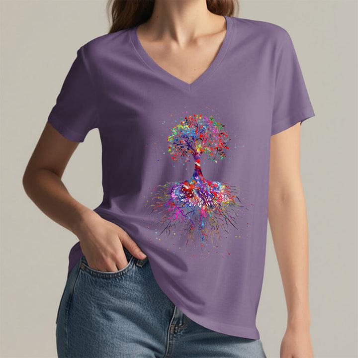 Olivenorma Watercolor Tree of Life With Roots Print Yoga V-Neck T-Shirt - image 37