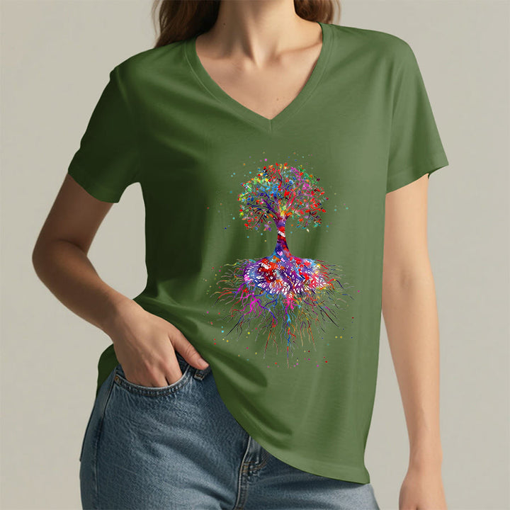 Olivenorma Watercolor Tree of Life With Roots Print Yoga V-Neck T-Shirt - image 25