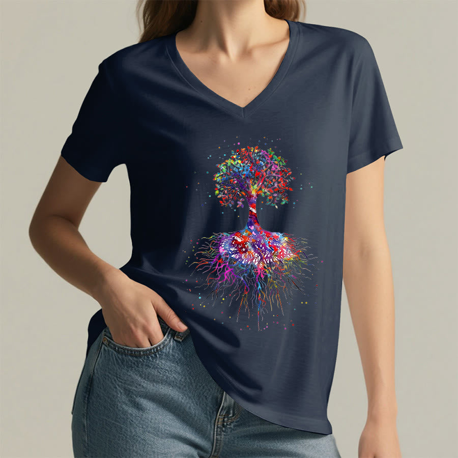 Olivenorma Watercolor Tree of Life With Roots Print Yoga V-Neck T-Shirt - image 19
