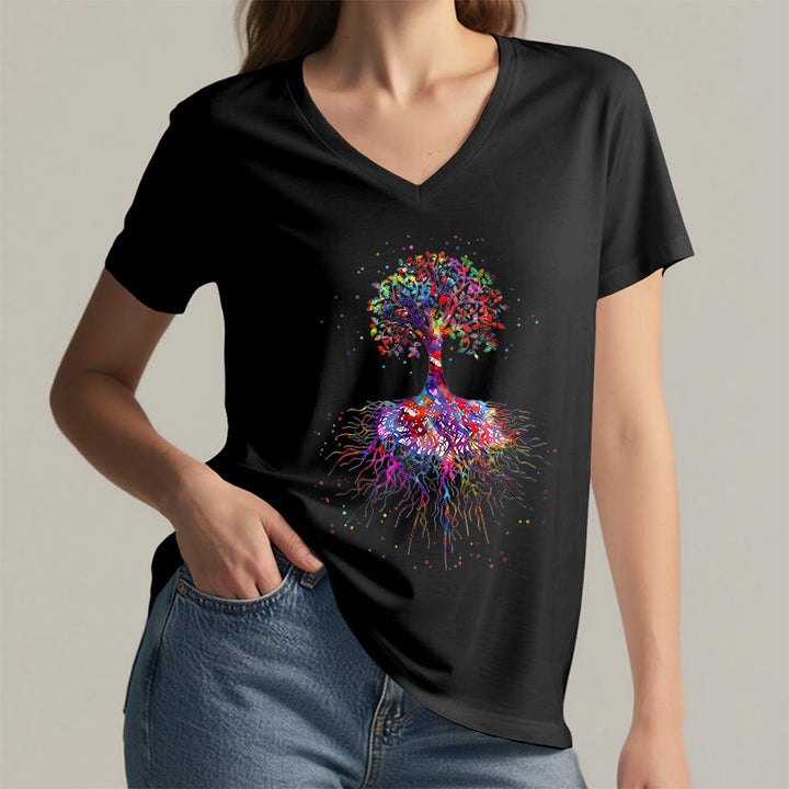 Olivenorma Watercolor Tree of Life With Roots Print Yoga V-Neck T-Shirt - image 13