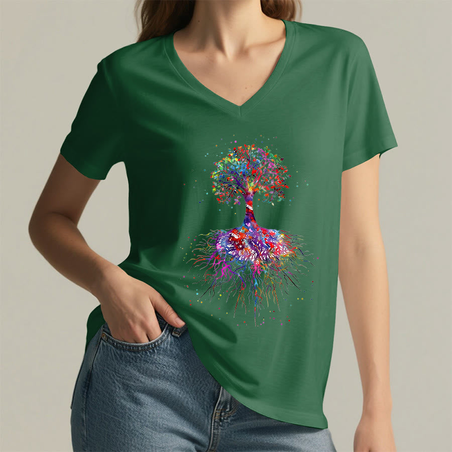 Olivenorma Watercolor Tree of Life With Roots Print Yoga V-Neck T-Shirt - image 22