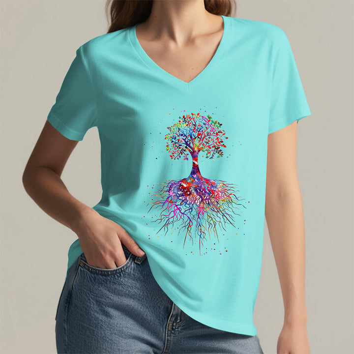 Olivenorma Watercolor Tree of Life With Roots Print Yoga V-Neck T-Shirt - image 10