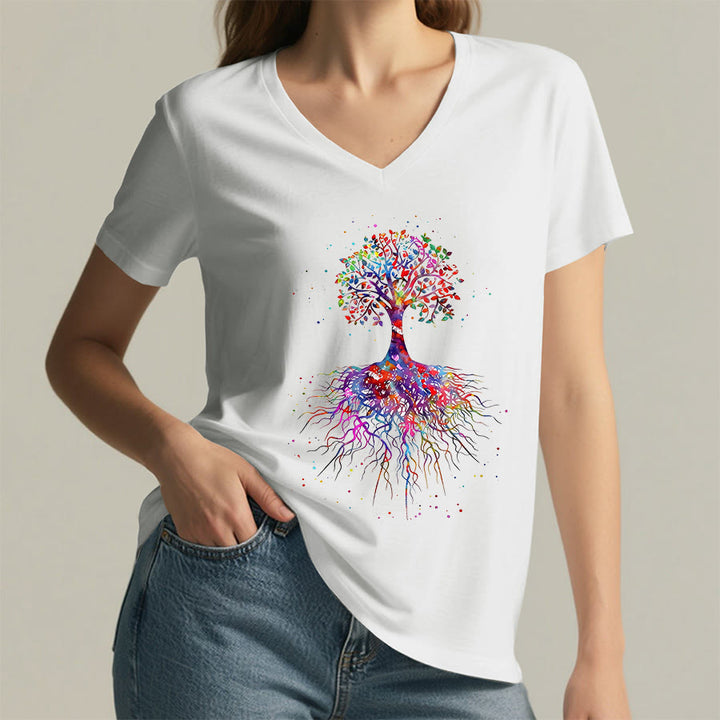 Olivenorma Watercolor Tree of Life With Roots Print Yoga V-Neck T-Shirt - image 1