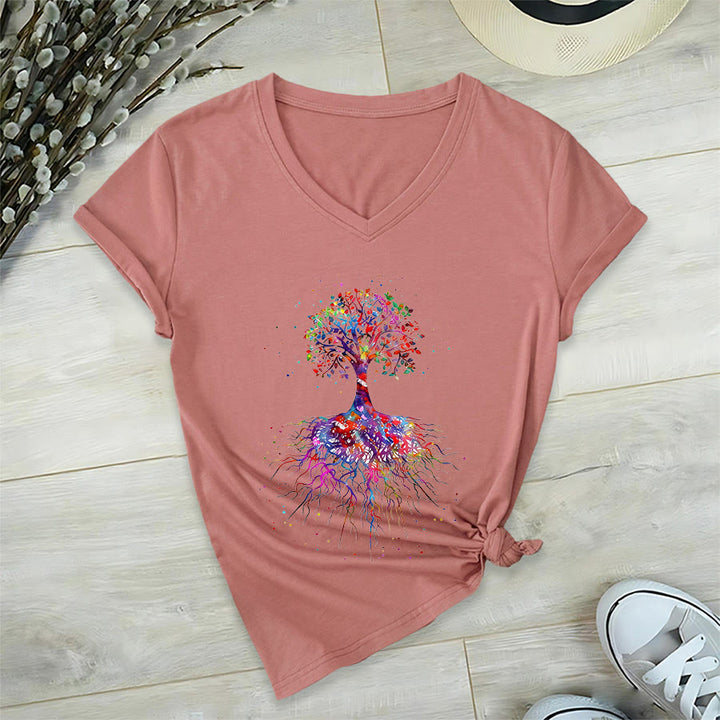 Olivenorma Watercolor Tree of Life With Roots Print Yoga V-Neck T-Shirt - Pink - 2XL - image 6