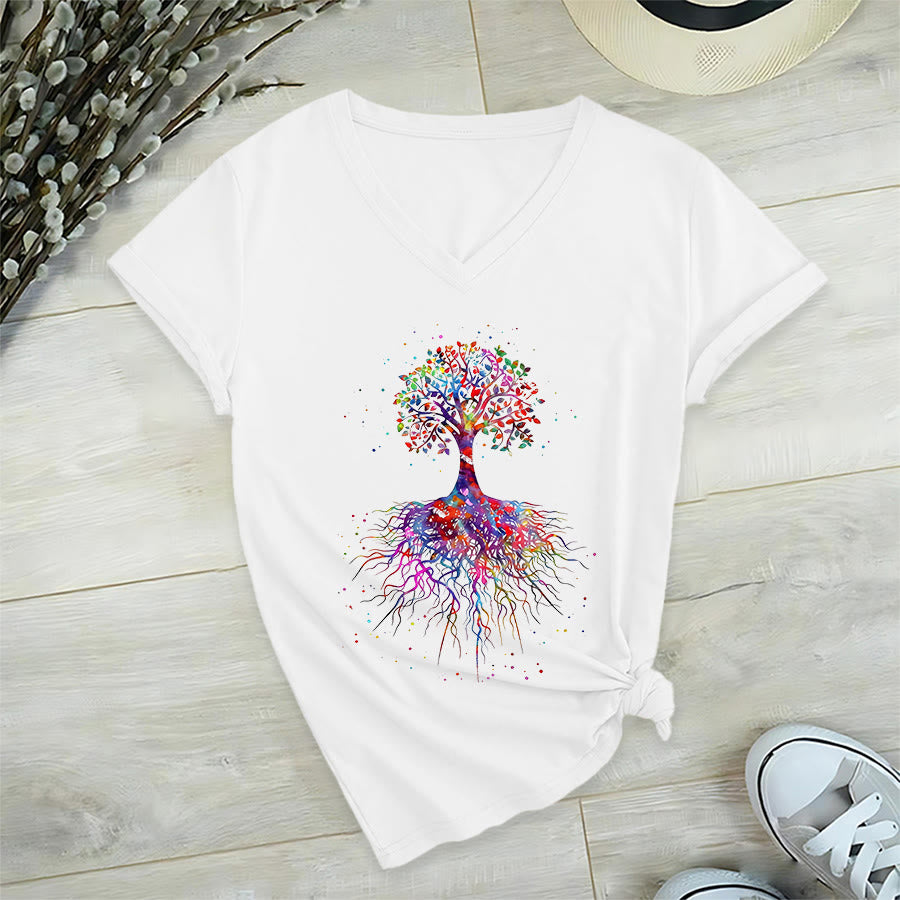 Olivenorma Watercolor Tree of Life With Roots Print Yoga V-Neck T-Shirt - White - 2XL - image 0