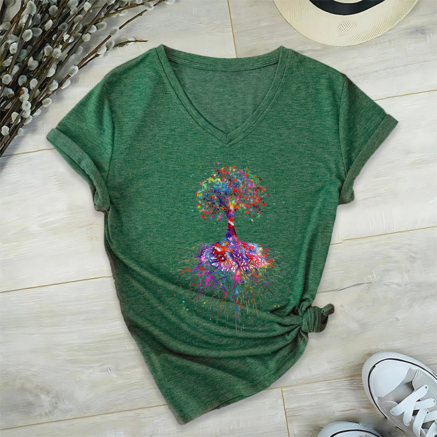 Olivenorma Watercolor Tree of Life With Roots Print Yoga V-Neck T-Shirt - Dark Green - 2XL - image 21