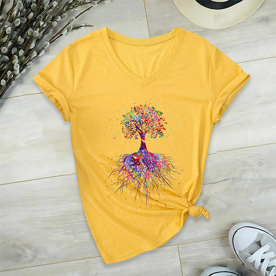 Olivenorma Watercolor Tree of Life With Roots Print Yoga V-Neck T-Shirt - Yellow - 2XL - image 30