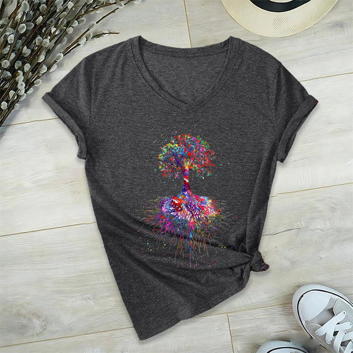 Olivenorma Watercolor Tree of Life With Roots Print Yoga V-Neck T-Shirt - Gray - 2XL - image 15