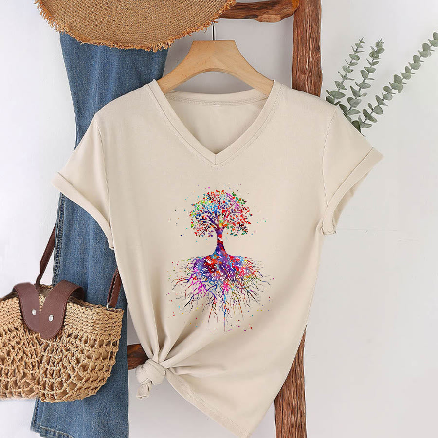Olivenorma Watercolor Tree of Life With Roots Print Yoga V-Neck T-Shirt - image 5