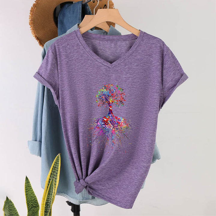 Olivenorma Watercolor Tree of Life With Roots Print Yoga V-Neck T-Shirt - image 38