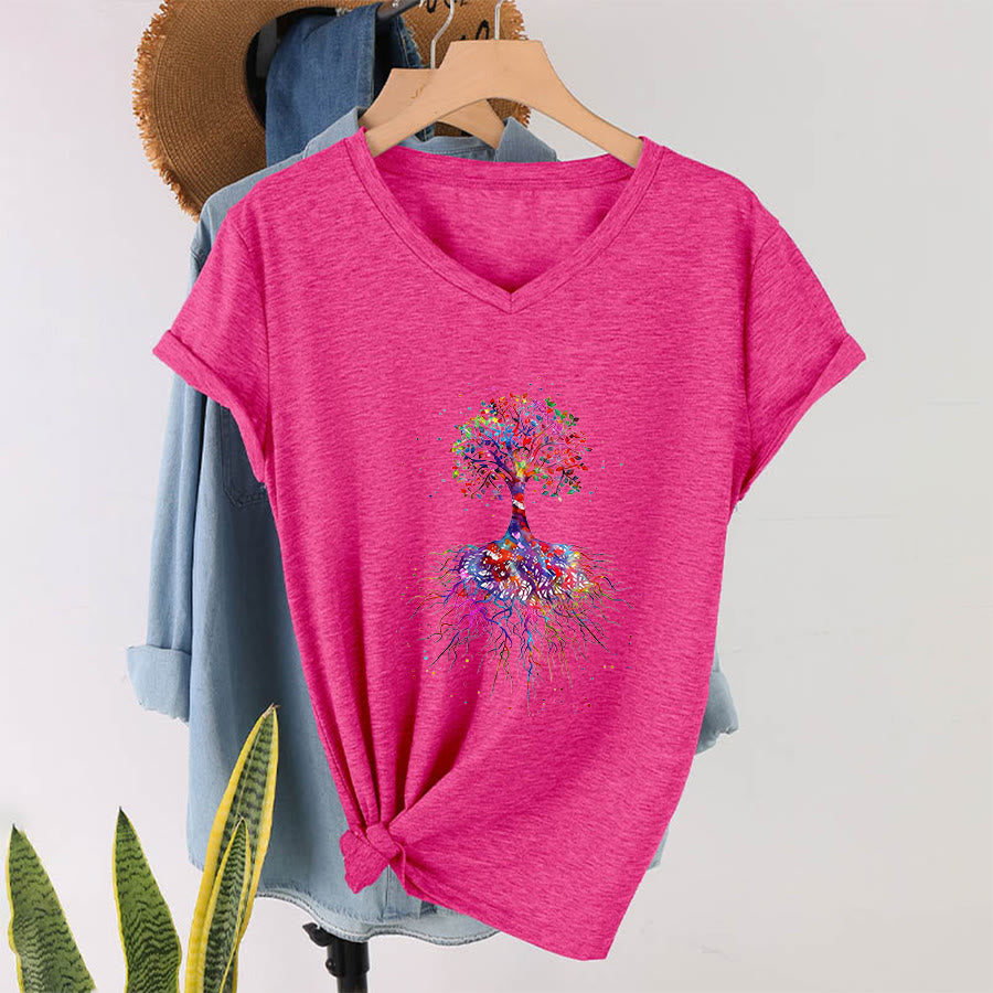 Olivenorma Watercolor Tree of Life With Roots Print Yoga V-Neck T-Shirt - image 35