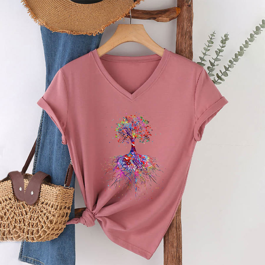 Olivenorma Watercolor Tree of Life With Roots Print Yoga V-Neck T-Shirt - image 8