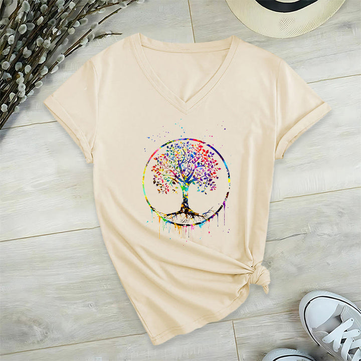 Olivenorma Spiritual Circular Tree of Life Graphic V-Neck T-Shirt - Khaki - 2XL - image 3