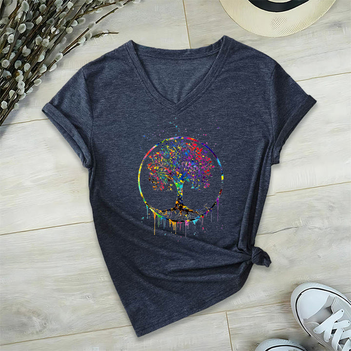 Olivenorma Spiritual Circular Tree of Life Graphic V-Neck T-Shirt - Navy Blue - 2XL - image 18