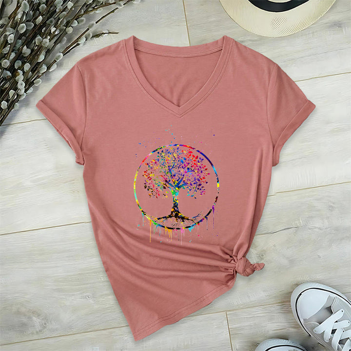 Olivenorma Spiritual Circular Tree of Life Graphic V-Neck T-Shirt - Pink - 2XL - image 6