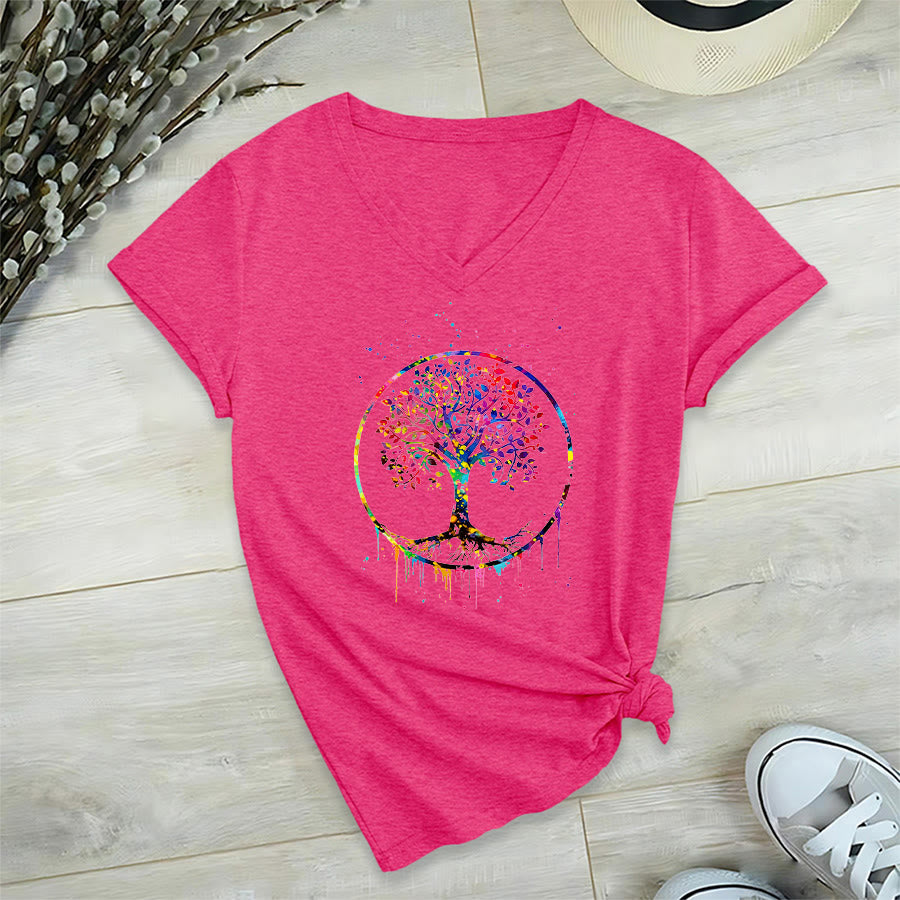 Olivenorma Spiritual Circular Tree of Life Graphic V-Neck T-Shirt - Rose Red - 2XL - image 33