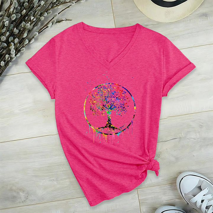 Olivenorma Spiritual Circular Tree of Life Graphic V-Neck T-Shirt - Rose Red - 2XL - image 33