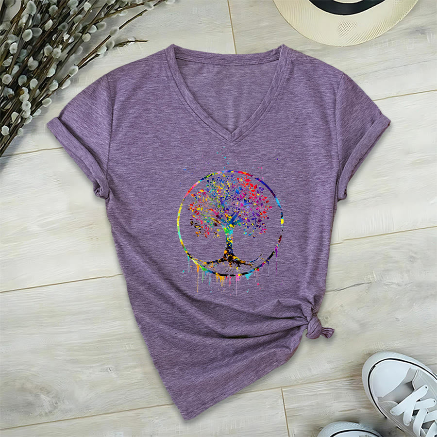 Olivenorma Spiritual Circular Tree of Life Graphic V-Neck T-Shirt - Purple - 2XL - image 36