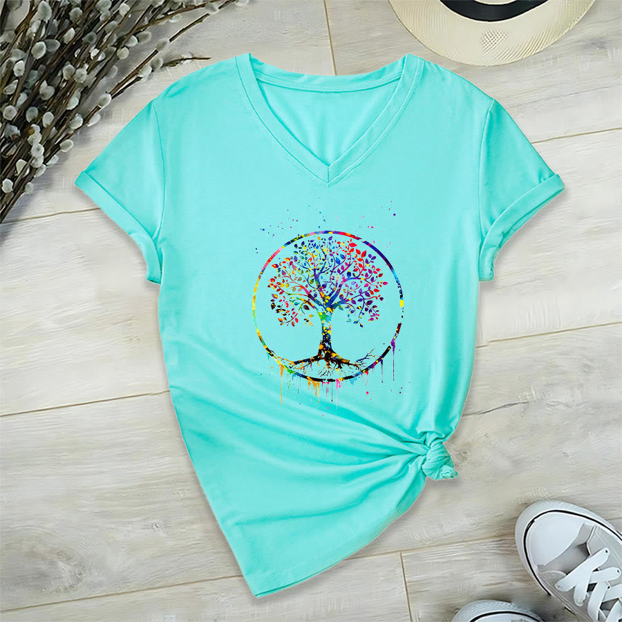 Olivenorma Spiritual Circular Tree of Life Graphic V-Neck T-Shirt - Lake Blue - 2XL - image 0
