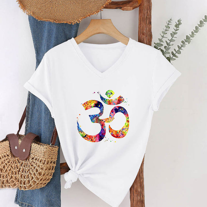 Olivenorma Splatter Art Om Symbol Watercolor Design V-Neck T-Shirt - White - 2XL - image 0