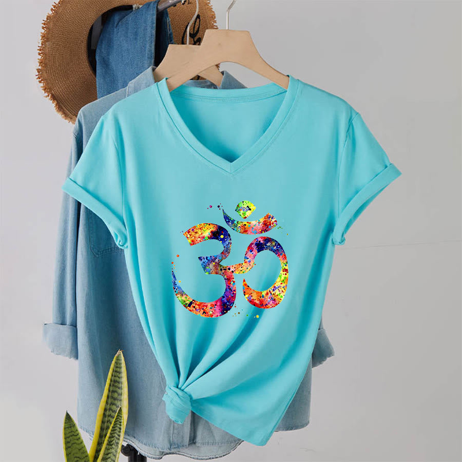 Olivenorma Splatter Art Om Symbol Watercolor Design V-Neck T-Shirt - Lake Blue - 2XL - image 9