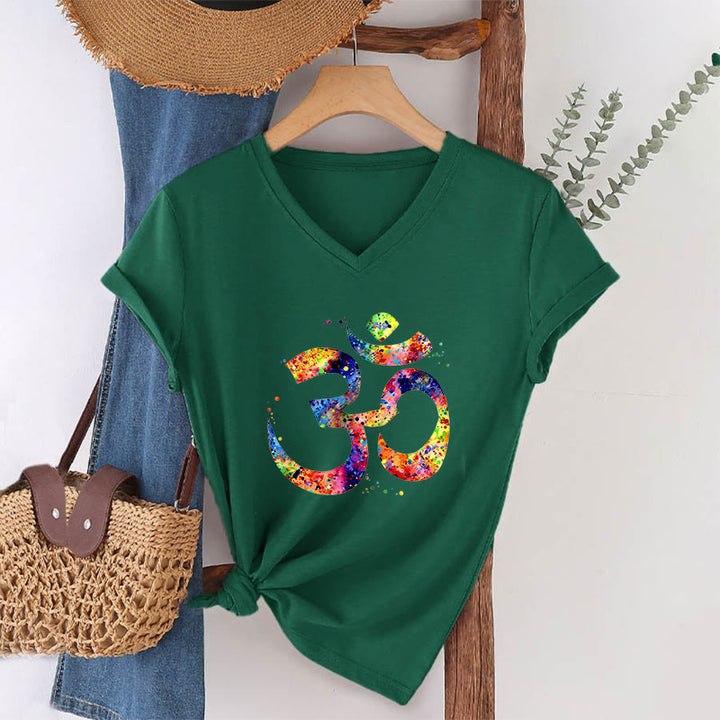 Olivenorma Splatter Art Om Symbol Watercolor Design V-Neck T-Shirt - Dark Green - 2XL - image 21