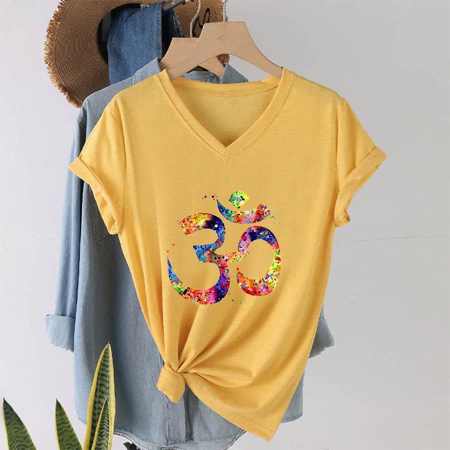 Olivenorma Splatter Art Om Symbol Watercolor Design V-Neck T-Shirt - Yellow - 2XL - image 30