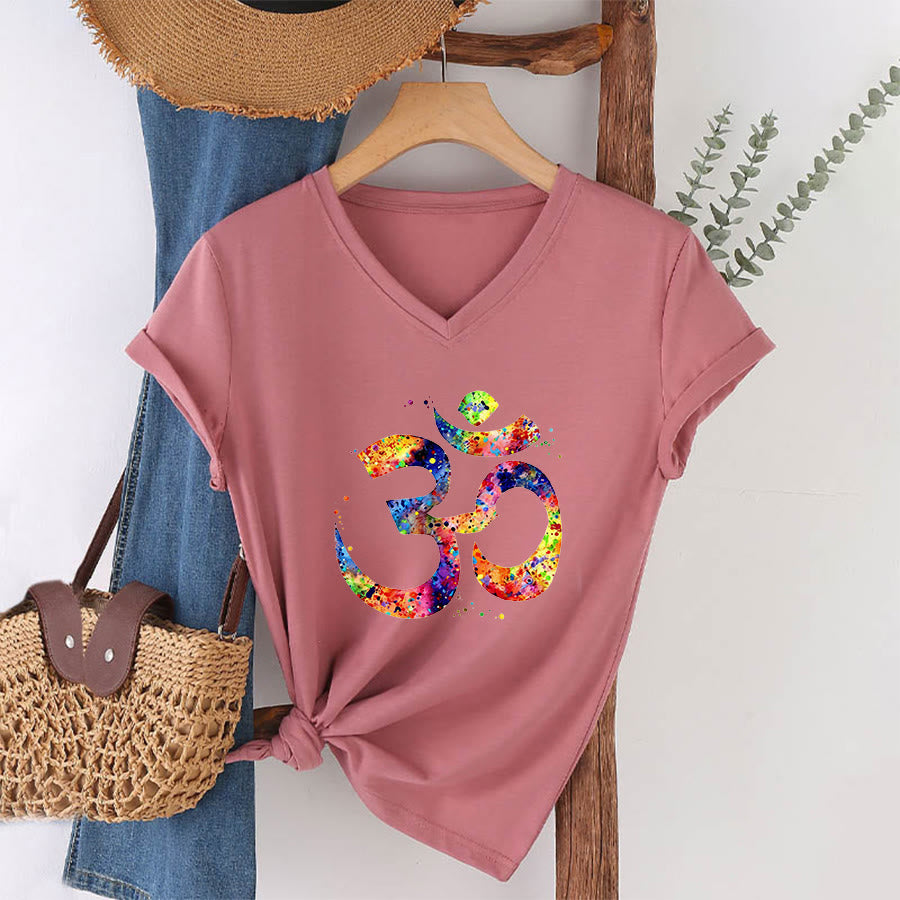 Olivenorma Splatter Art Om Symbol Watercolor Design V-Neck T-Shirt - Pink - 2XL - image 6