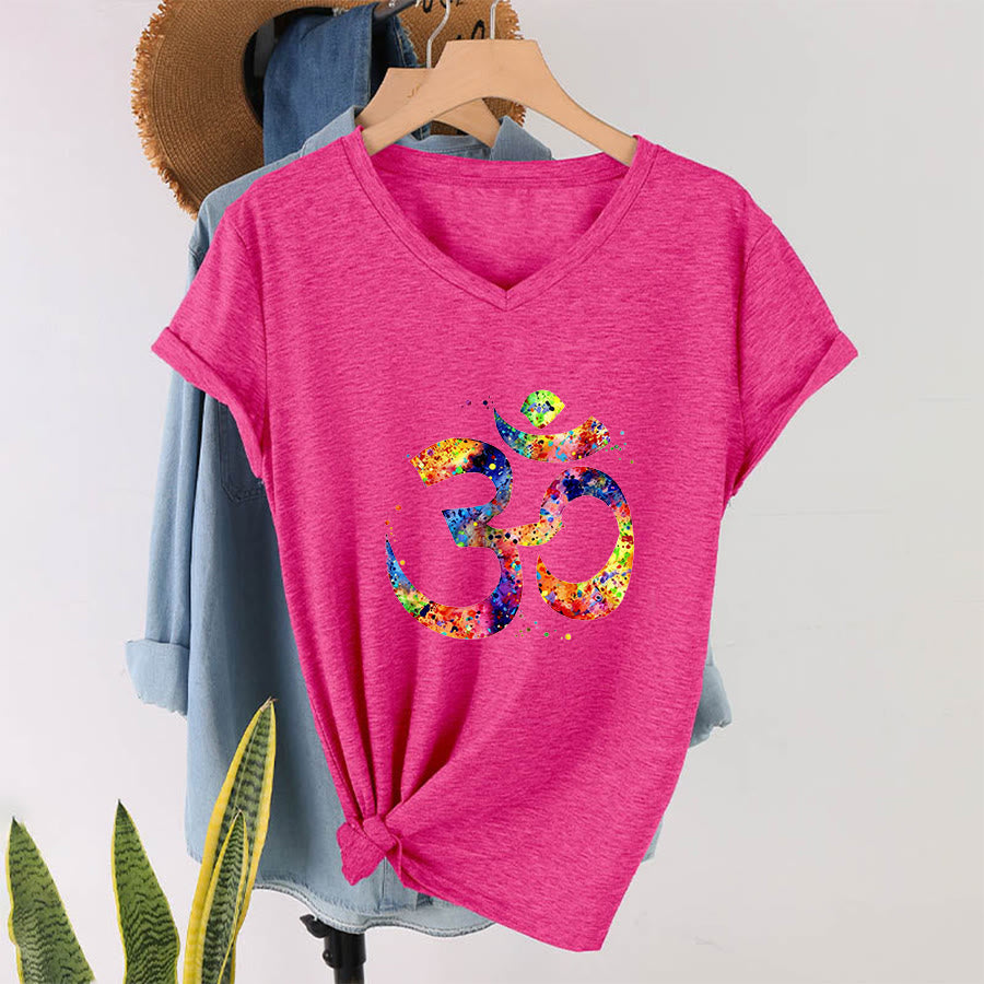 Olivenorma Splatter Art Om Symbol Watercolor Design V-Neck T-Shirt - Rose Red - 2XL - image 33