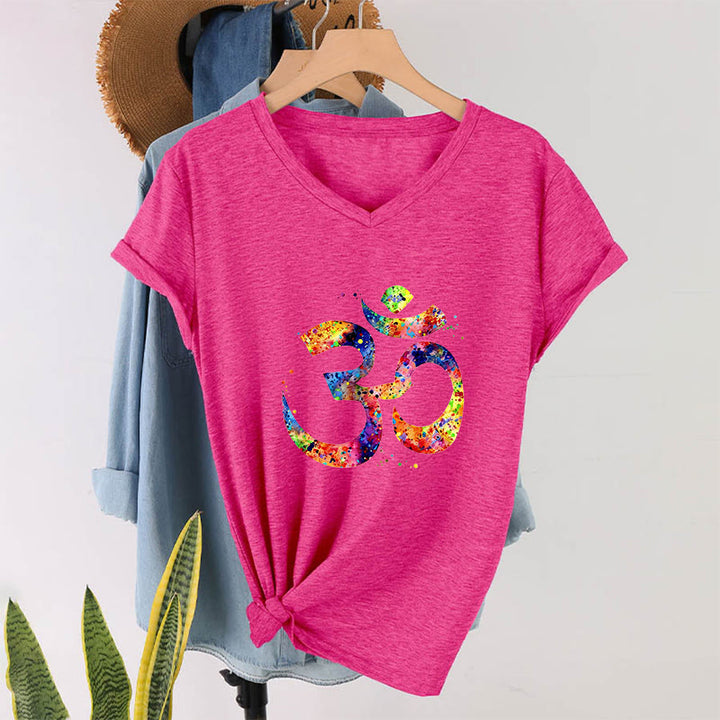 Olivenorma Splatter Art Om Symbol Watercolor Design V-Neck T-Shirt - Rose Red - 2XL - image 33