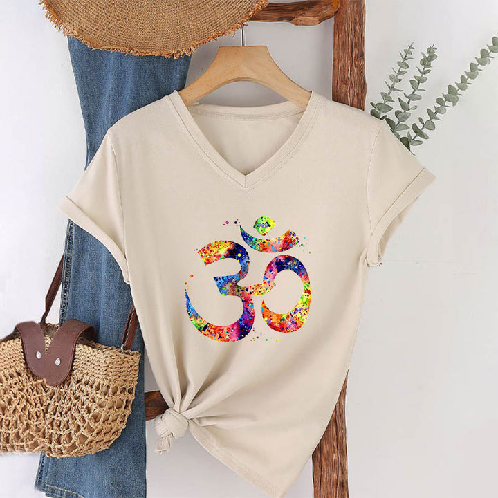 Olivenorma Splatter Art Om Symbol Watercolor Design V-Neck T-Shirt - Khaki - 2XL - image 3