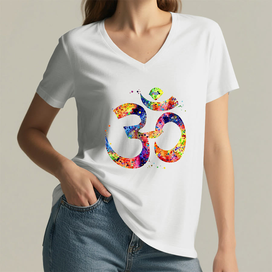 Olivenorma Splatter Art Om Symbol Watercolor Design V-Neck T-Shirt - image 1