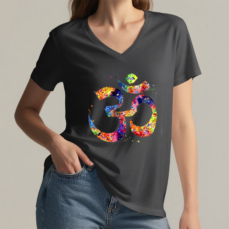 Olivenorma Splatter Art Om Symbol Watercolor Design V-Neck T-Shirt - image 16