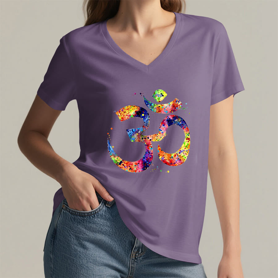 Olivenorma Splatter Art Om Symbol Watercolor Design V-Neck T-Shirt - image 37
