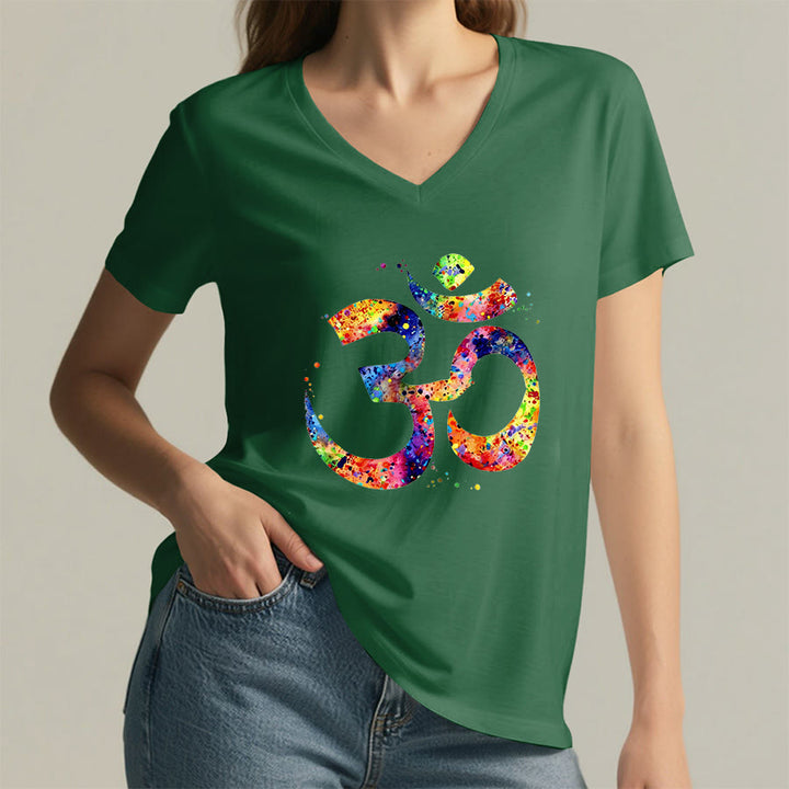 Olivenorma Splatter Art Om Symbol Watercolor Design V-Neck T-Shirt - image 22