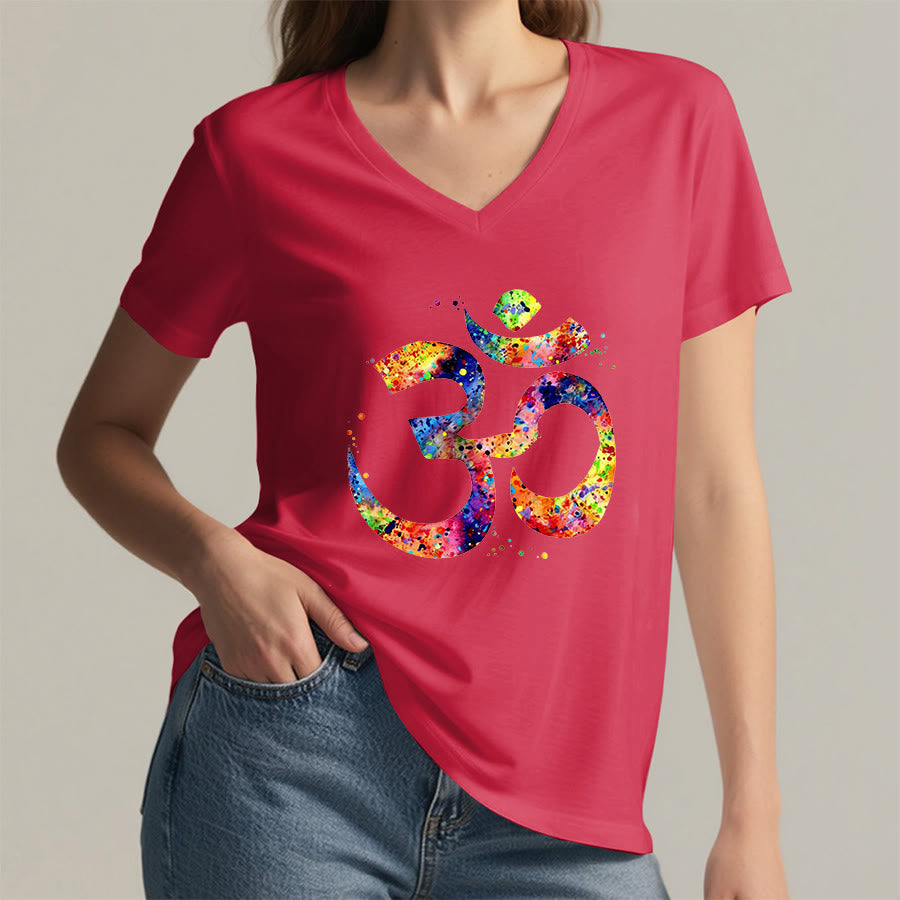 Olivenorma Splatter Art Om Symbol Watercolor Design V-Neck T-Shirt - image 28