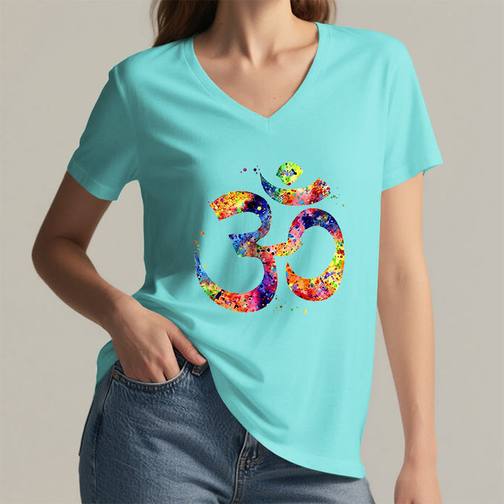Olivenorma Splatter Art Om Symbol Watercolor Design V-Neck T-Shirt - image 10