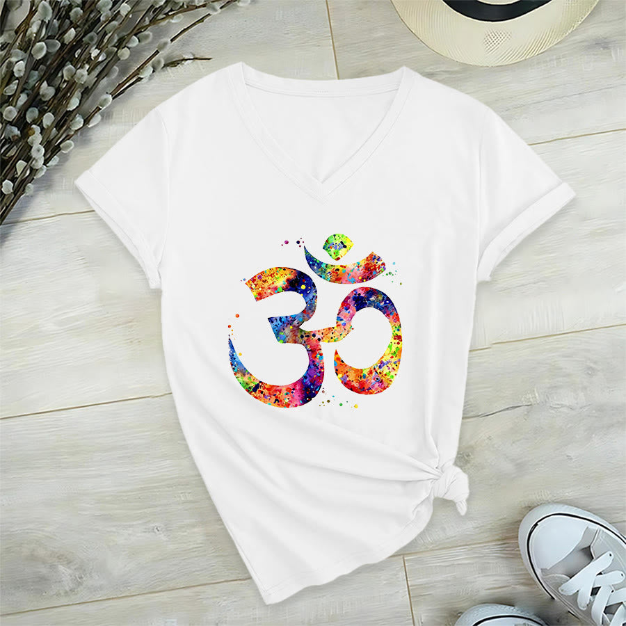 Olivenorma Splatter Art Om Symbol Watercolor Design V-Neck T-Shirt - image 2