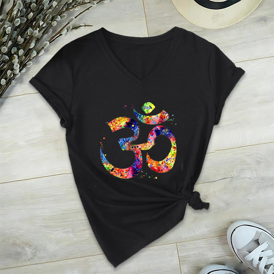 Olivenorma Splatter Art Om Symbol Watercolor Design V-Neck T-Shirt - image 14