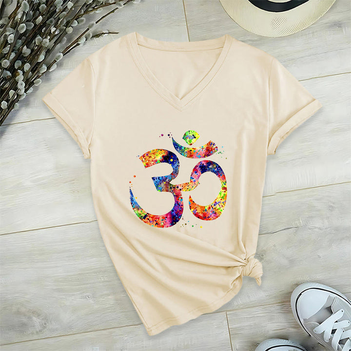 Olivenorma Splatter Art Om Symbol Watercolor Design V-Neck T-Shirt - image 5