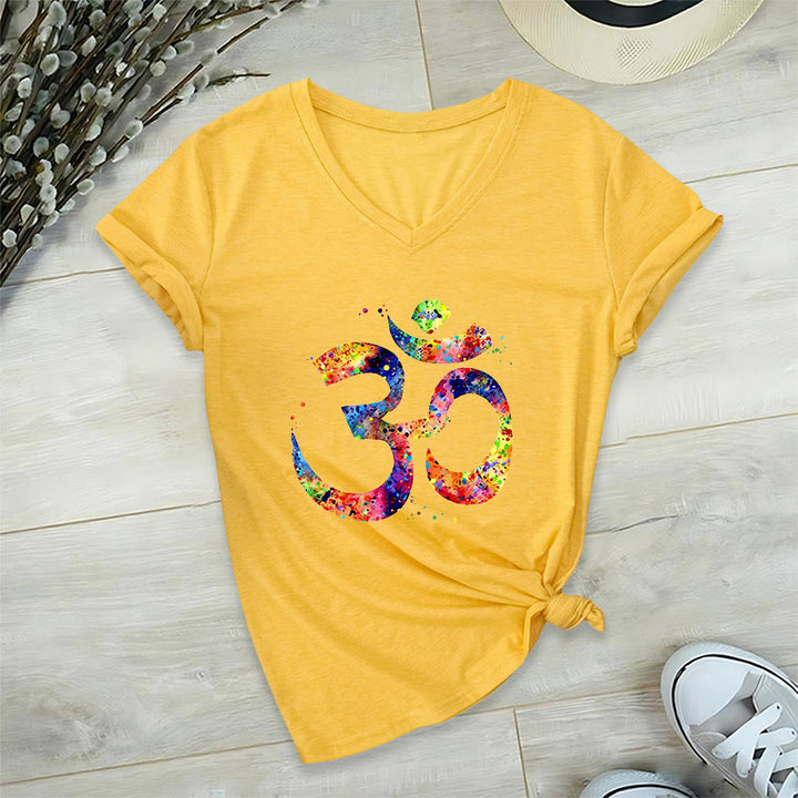 Olivenorma Splatter Art Om Symbol Watercolor Design V-Neck T-Shirt - image 32