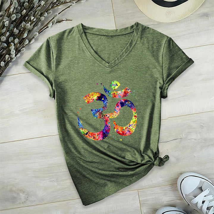 Olivenorma Splatter Art Om Symbol Watercolor Design V-Neck T-Shirt - image 26