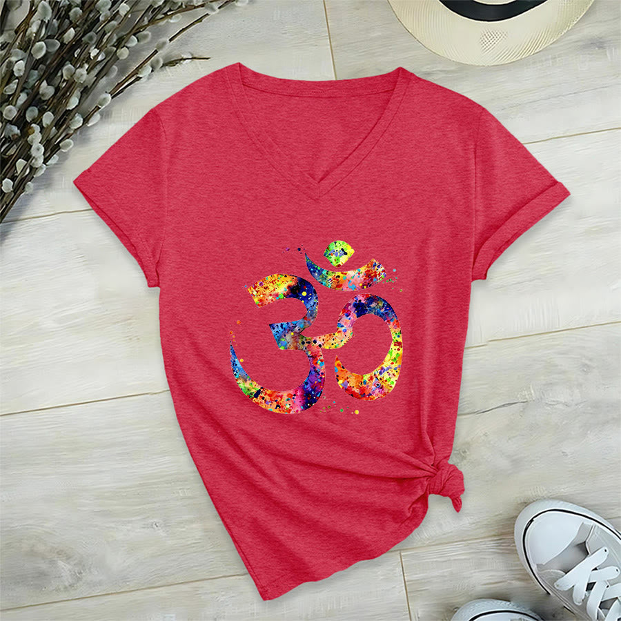 Olivenorma Splatter Art Om Symbol Watercolor Design V-Neck T-Shirt - image 29